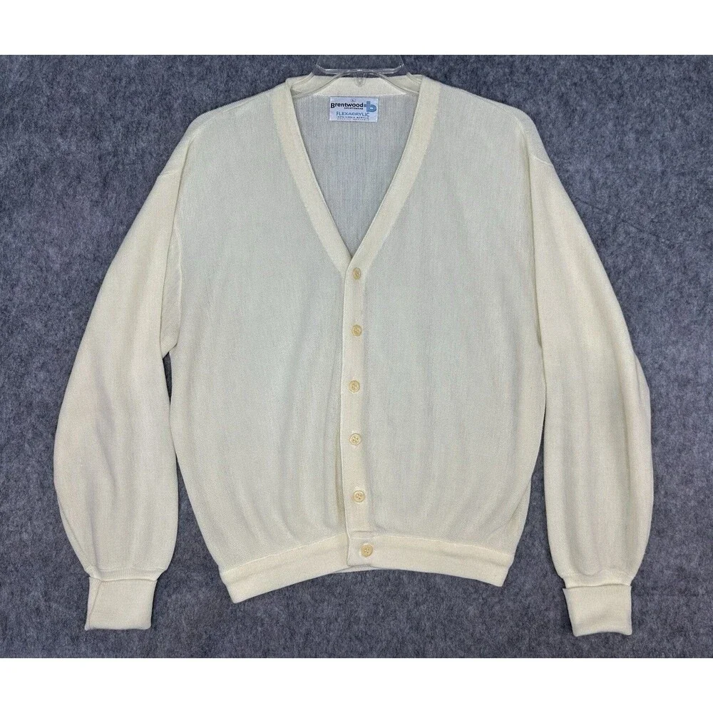 Vtg Brentwood Sportswear Men’s Light Yellow Cardigan Sweater Grandpa Acrylic L